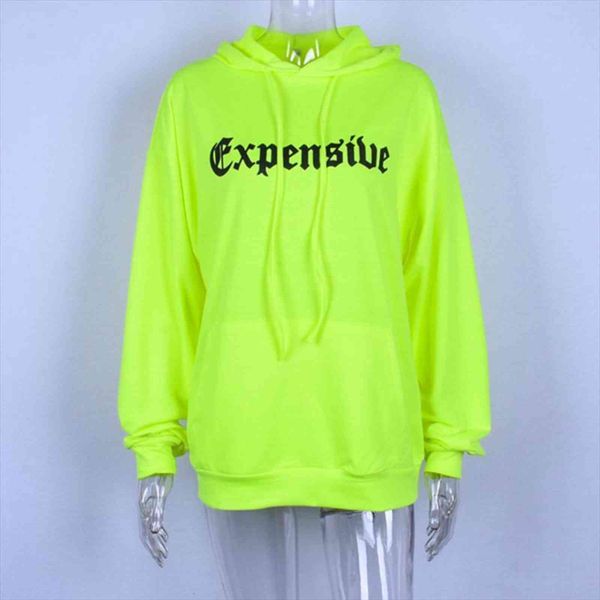 

autumn warm casual neon green womens hoodie loose hooded letter print pockets long pullovers lady streetwear gv645, Black