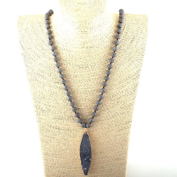 

pendant necklaces moodpc fashion bohemian tribal jewelry multi lava stones long knotted natural druzy drop women ethnic necklace, Silver