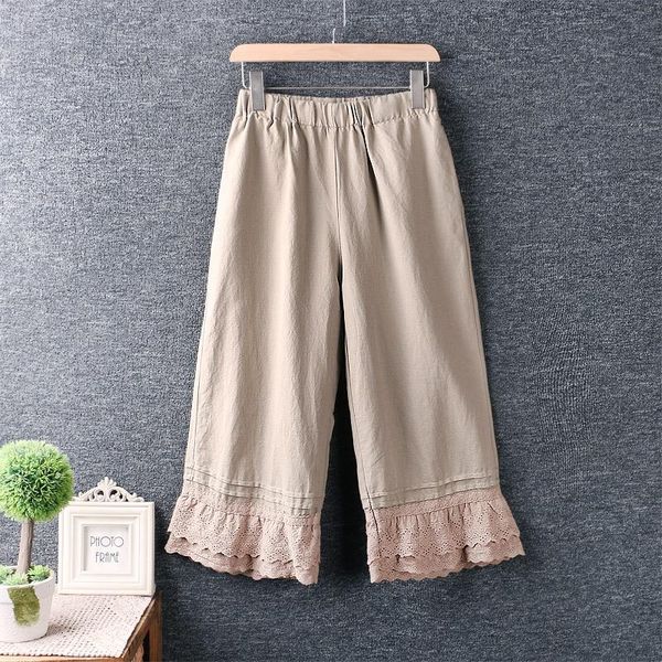 

women's pants & capris 2021 summer literary and art small fresh lace stitching cotton linen wide leg elastic waist loose cropped, Black;white