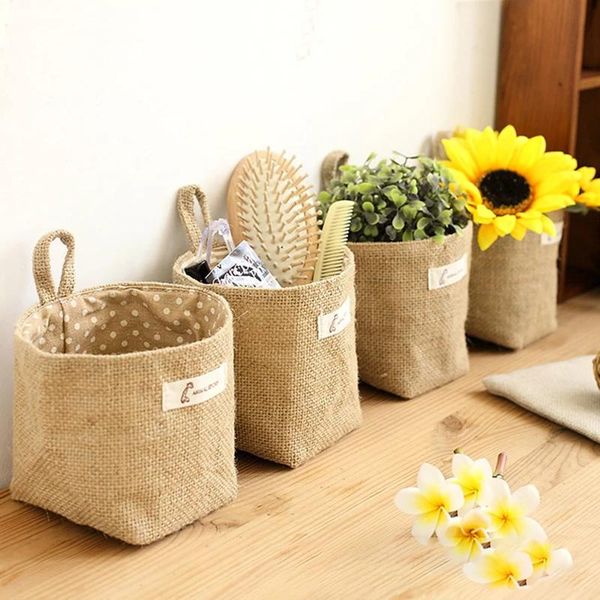 

storage baskets jute cotton linen bag deskbasket hanging pocket small sack sundries box with handle cosmetic