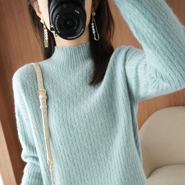 

women's sweaters 100% wool winter sweater half high neck long sleeve knitted pullover warm diamond pattern 2121, White;black