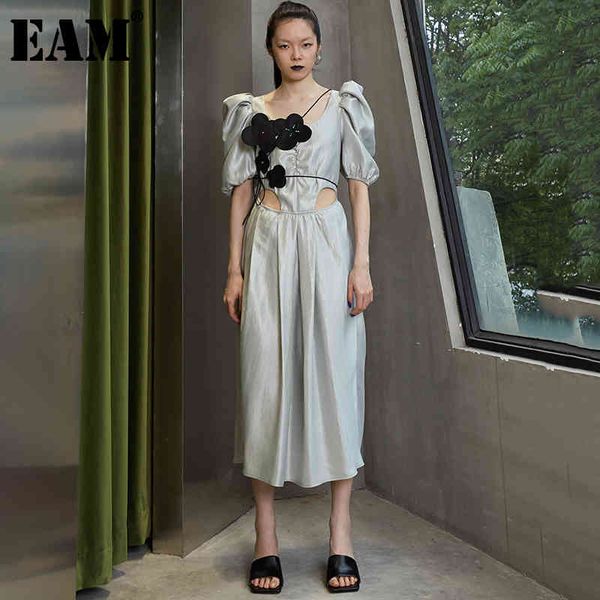 

[eam] women green flower patch long hollow out dress round neck half sleeve loose fit fashion spring summer 1dd8647 21512, Black;gray
