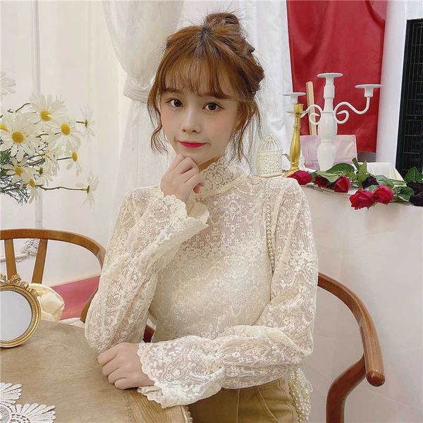 

two piece dress spring and autumn semi-high collar is wearing a lace shirt. white thin gauze long-sleeved bottoming female 1684