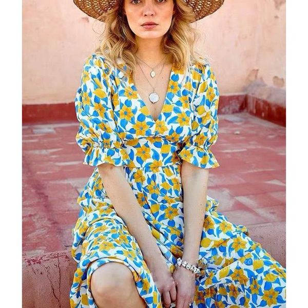 

casual dresses long wrap dress 2021 summer boho style floral print maxi beach v neck party sundress vestidos, Black;gray