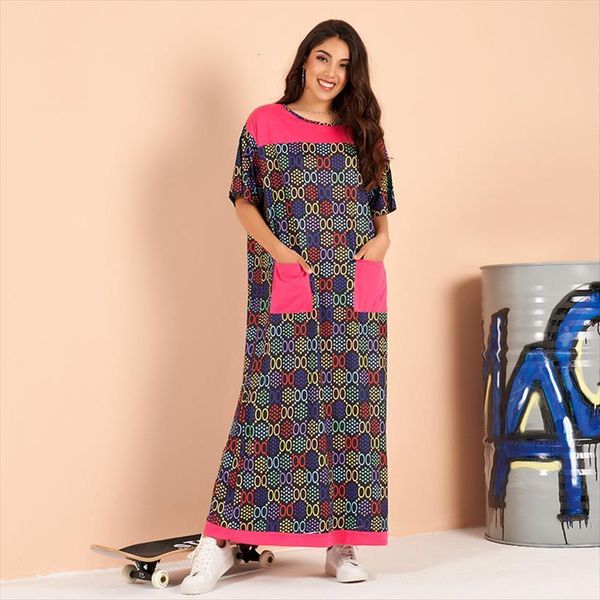 

summer style fashion color matching womens dress printing stretch loose long patch pocket design home service, Black;gray