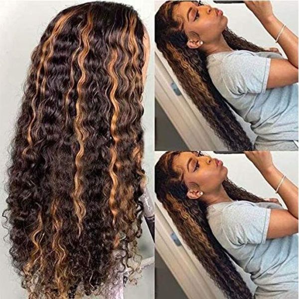 

lace wigs 4t27 highlight curly front for black women pre plucked ombre blonde colored brazilian remy human hair wig, Black;brown