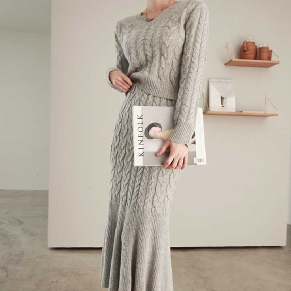 

two piece dress women autumn solid suits female knitted pullover sweater +slim bodycon mermaid skirt sets okkn, White
