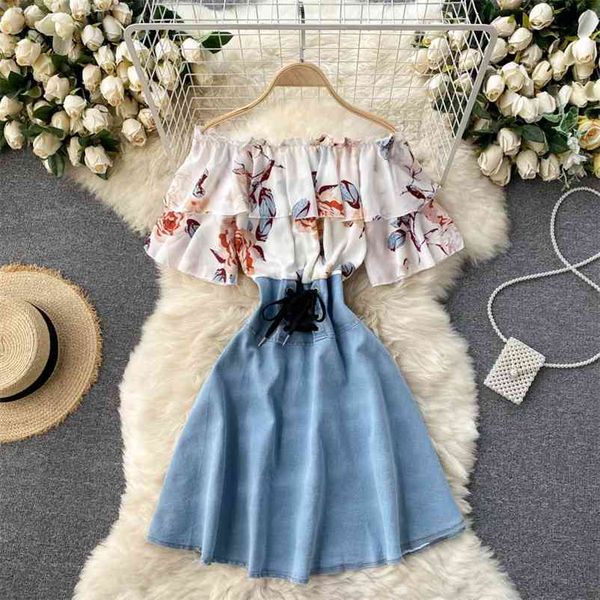 

women print ruffles stitching slash neck denim dress short sleeve high waist fashion spring summer 11b746 210525, Black;gray