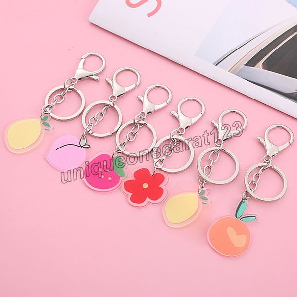 

fruit keychain acrylic keyring orange strawberry lemon peach red flower key chain women bag accessories charms pendant gift, Slivery;golden