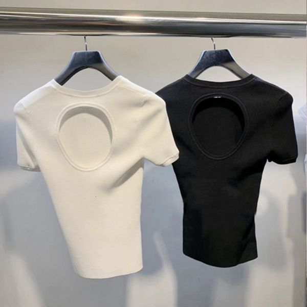 

tee style summer fashion classic brand luxury design versatile slim open back t-shirt round neck short sleeve women a2, White
