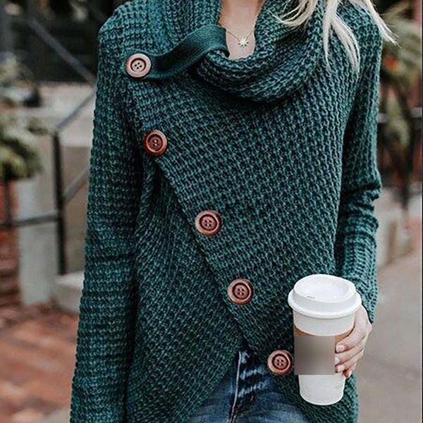 

women's sweaters women autumn knitted sweater vintage cross criss buttons pullovers casual turtleneck jumpers solid irregular hem, White;black