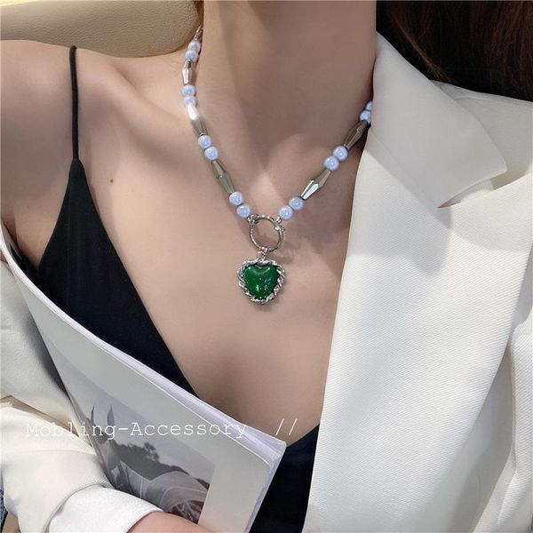 

pendant necklaces minar vintage green color love heart necklace for women gold reflective beads chain choker statement jewelry, Silver