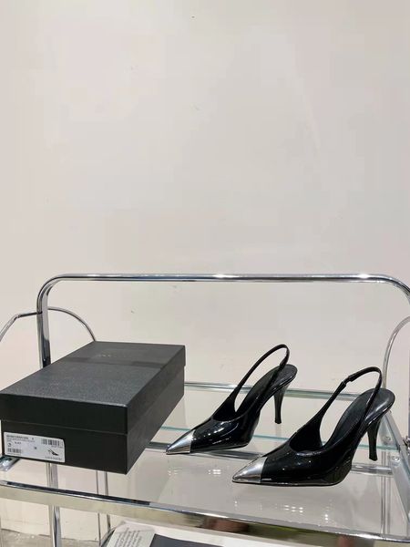 

italian runway fashion stiletto heel dress shoes female pointed metal paint slingback heels black cattle high-end original quality