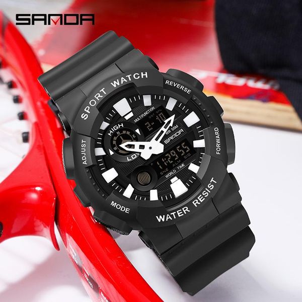 

wristwatches sanda 2021 sports men's watch dual display digital quartz casual military male waterproof s clock 3015, Slivery;brown