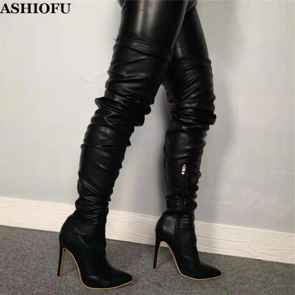 

boots ashiofu handmade ladies high heel over knee night-club party thigh winter dance evening fashion, Black
