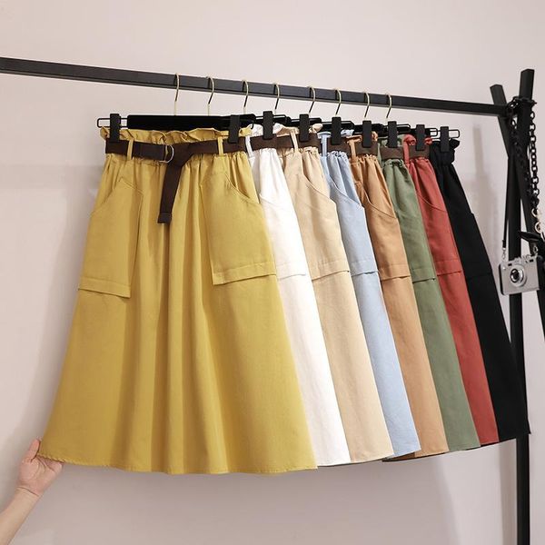 

skirts obrix summer spring casual style female sweet belt skirt a-line cotton streetwear knee length high waist korean fashion, Black