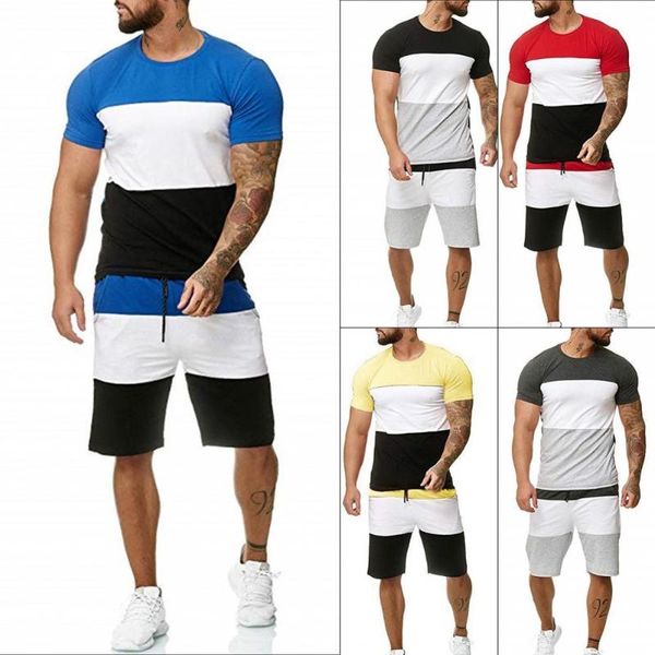 

men's tracksuits men tracksuit color block quick dry summer short sleeve t-shirt drawstring shorts set plus size sports party ropa homb, Gray