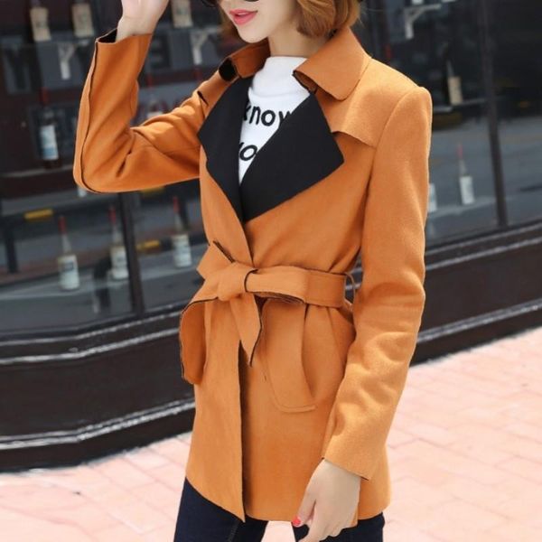 

women's trench coats 2021 autumn korean women faux suede leather coat sashes slim fit long elegant office ladies windbreaker dust, Tan;black