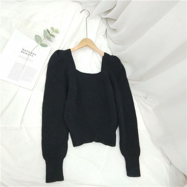 

autumn winter women's sweater square neck solid color long-sleeved korean short knit slim casual s ll289 210506, White;black
