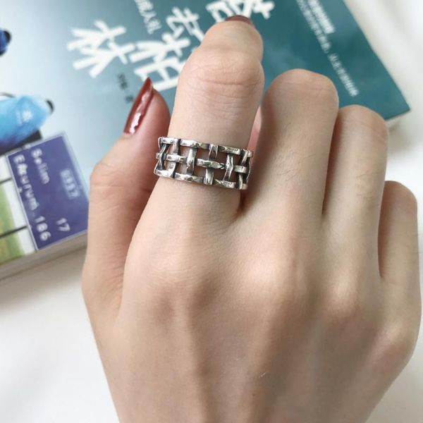

cluster rings authentic s925 sterling silver fine jewelry retro geometric open lattice weave band ring party j372, Golden;silver