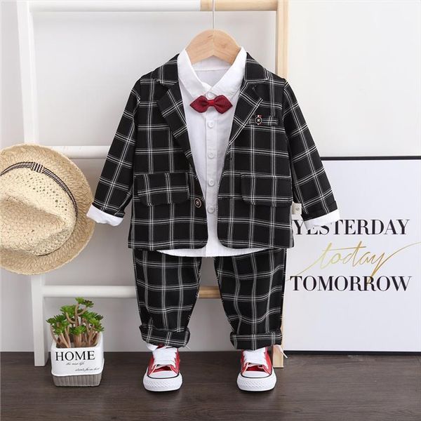 

spring children kids bow suits formal cotton gentleman casual boys suit t shirt pants 3pcs sets infant clothes set, White