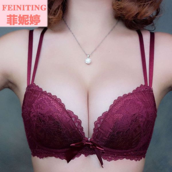 

mer lace cross back lingerie no trace steel ring bra, Red;black