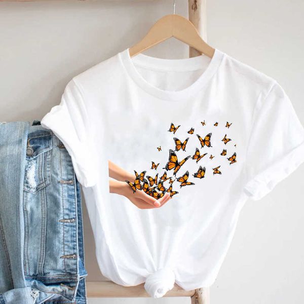 

women butterfly short sleeve spring summer trend printing clothing fashion clothes print tee tshirt female graphic t-shirt x0527, White