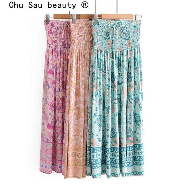 Moda Yaz Boho Stil Chic Çiçek Baskı Uzun Etek Kadın Tatil Elastik Bel Maxi Bölünmüş Etekler Kadın Falda De Moda 210508
