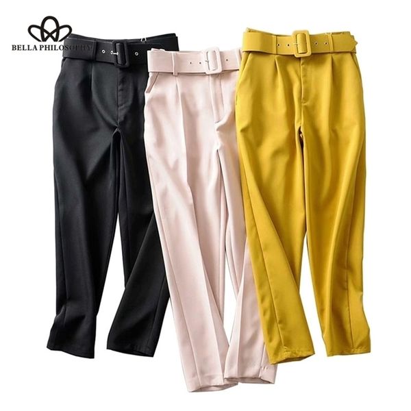 

high waist office lady belted pants causal black harem with sashes elegant trousers 210519, White