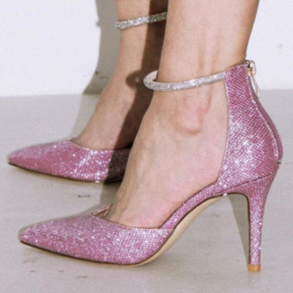 

sandals 2021 pointed stiletto heel sequined buckle strap hollow single shoes women's banquet bridal, Black
