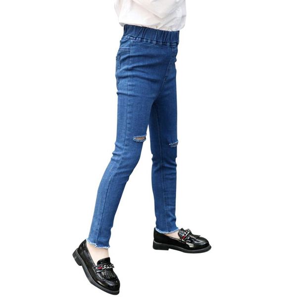 

jeans for girls hole girl child ripped solid color kid's teenage clothes 6 8 10 12 14, Blue