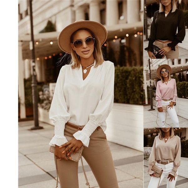 

women's blouses & shirts lace long flare sleeve blouse backless deep v-neck female shirt 2021 summer patchwork office ladies casual top, White