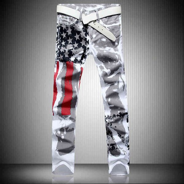 

men's white american flag printed jeans high-elastic slim casual five-pointed star red strips plus size trousers 41 42 43 44, Black