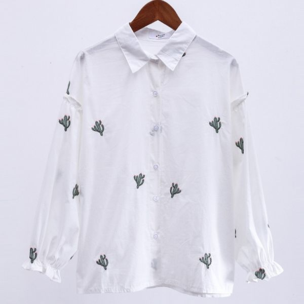 

white cactus embroidery turn down collar button puff sleeve long shirt b0122 210514