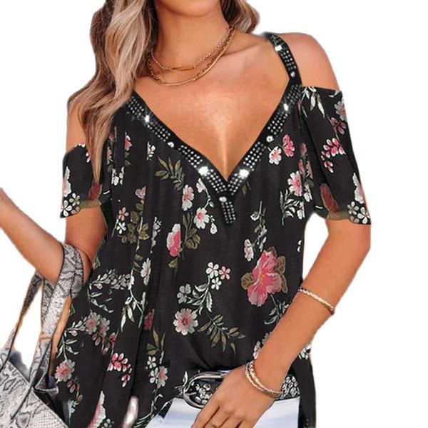 

women's t-shirt 2021 summer off shoulder short sleeve flower print women plus size casual loose party tees fashion v neck lady, White