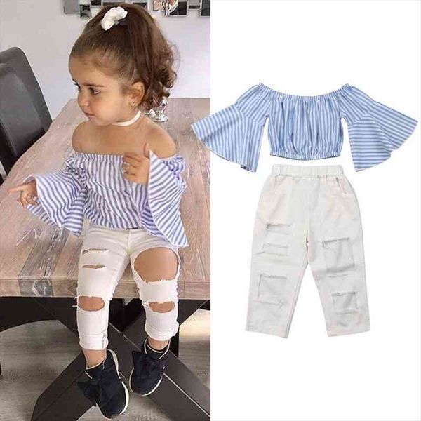 

summer 2pcs kids baby girls clothes sets flare sleeve striped t shirt frayed pants outfits 1 6y, White