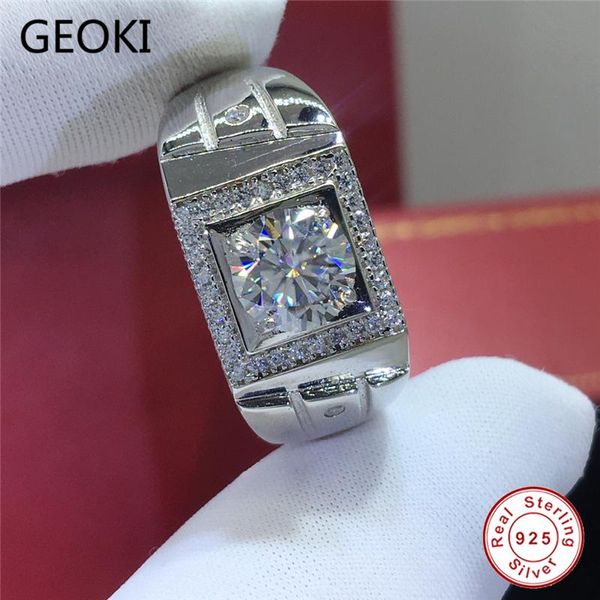 

cluster rings geoki 925 sterling silver passed diamond test 1 ct perfect cut d color vvs1 moissanite big ring for men luxury wedding jewelry, Golden;silver