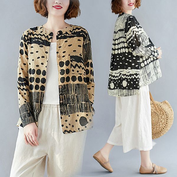 

sleepwear long sleeve linen cotton retro korean spring plus casual size loosely printed blouse ladies' streetwear r007 i39h, Black;red