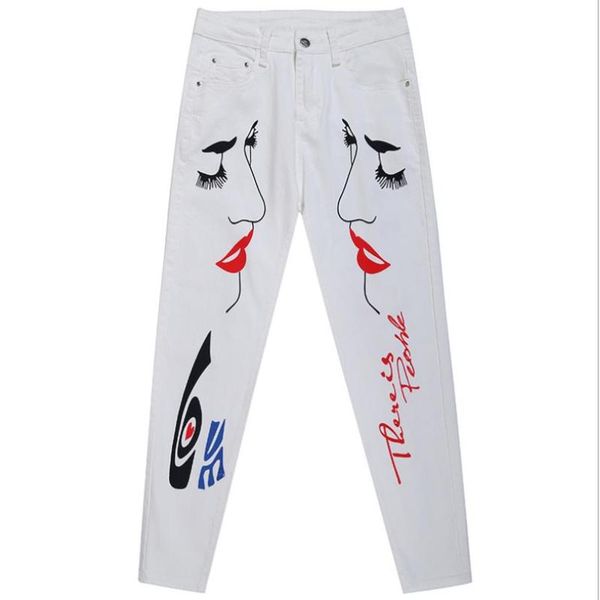 

white print harem pants cotton loose women's jeans, Blue