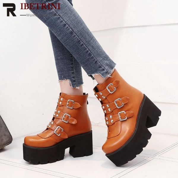 

boots ribetrini women punk rivet ankle shoes fashion high platform block heels autumn, Black