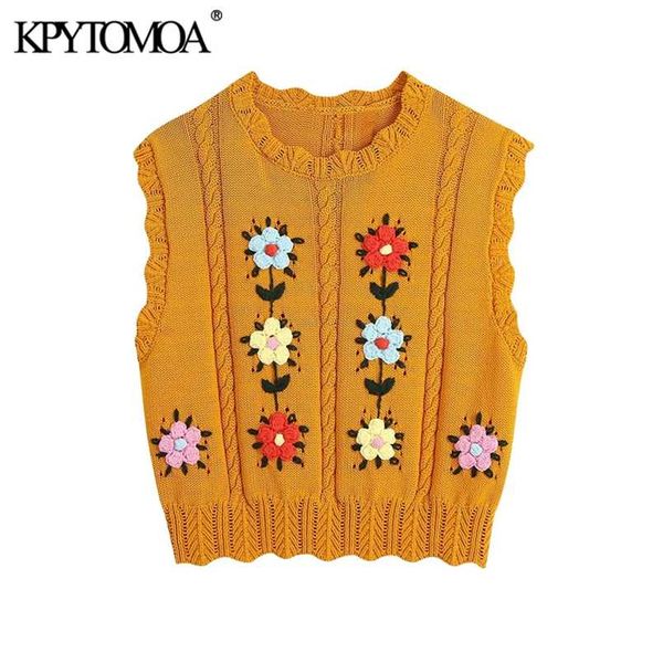 

kpytomoa women sweet fashion floral embroidery cropped knit vest sweater vintage sleeveless female waistcoat chic 211009, Black;white