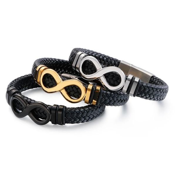 

link, chain cowhide woven multi-layer men's leather bracelet retro stainless steel eight-character rope, Black