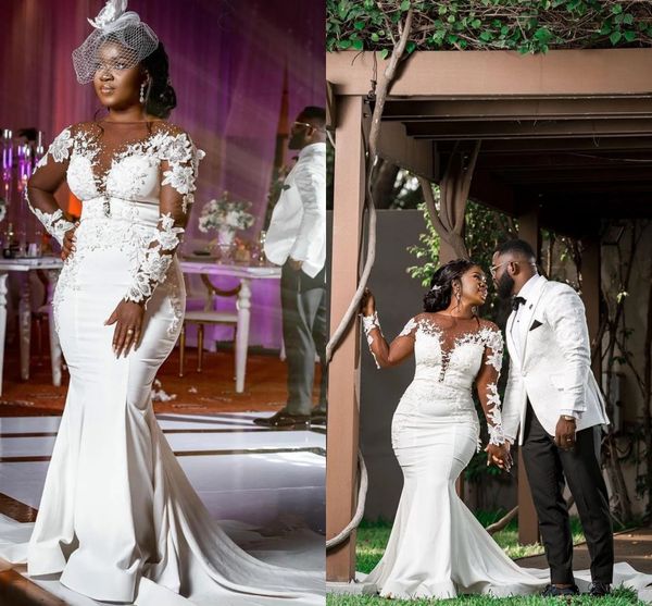 

fashion pearls african mermaid wedding dress 2022 long illusion sleeves floral flowers satin black girls plus size women hollow back lace co, White