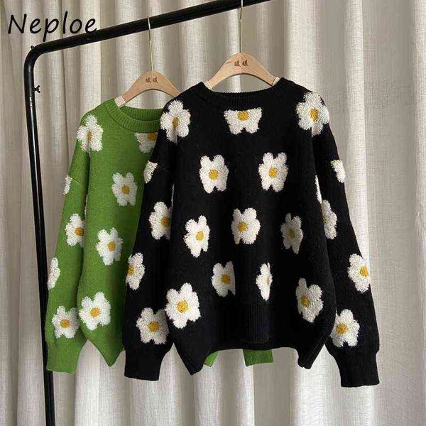 Neploe Harajuku Style Fiore tridimensionale Maglione Donna Manica lunga Pullover lavorato a maglia Top Mujer Usura esterna Autunno Maglioni Y1110