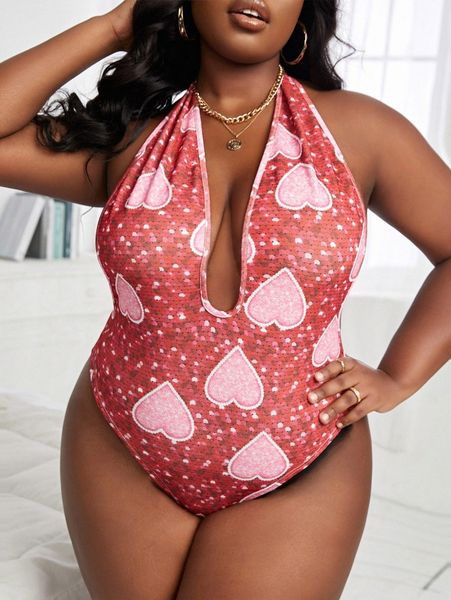 

sxy plus heart print plunging neck backless halter bodysuit s4qp#, Black