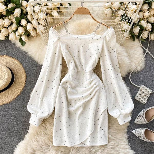 

casual dresses foamlina chain strap long sleeve velvet dress white black dot print mini party 2021 autumn winter chic women's, Black;gray