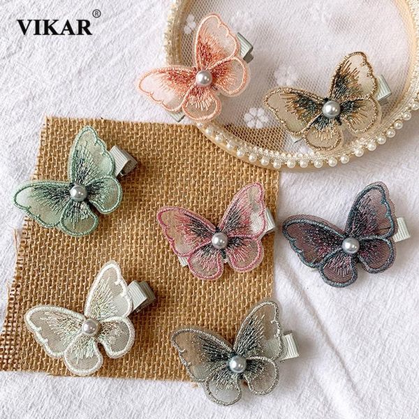 

girls cute floral butterfly hairpins women kids lace pearl hair ornament clips barrette headwear accessories, Slivery;white