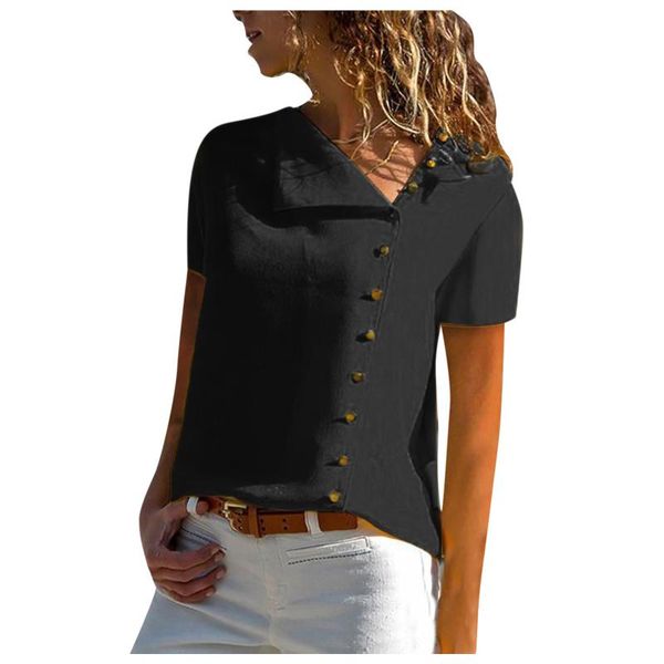 

women's blouses & shirts solid color button women casual short sleeve v-neck girl blouse loose street fashion vintage summer ladies, White