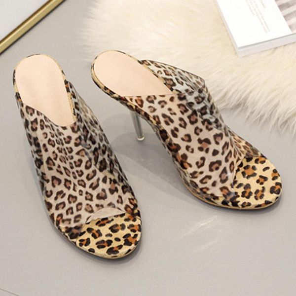 

slippers transparent metal high heels female fish mouth summer ladies crystal leopard 11 cm mulzi, Black