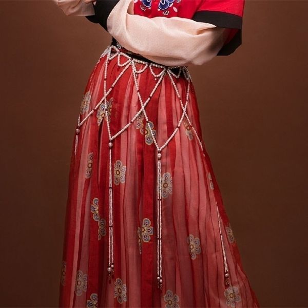 

shuanglingge heavy industry imitation pearl waist chain red white hanfu versatile tassel classic style accessories, Silver